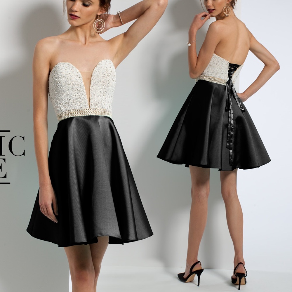 Camille La Vie Beaded Corset Back Plunge Neckline Prom Formal Cocktail Dress